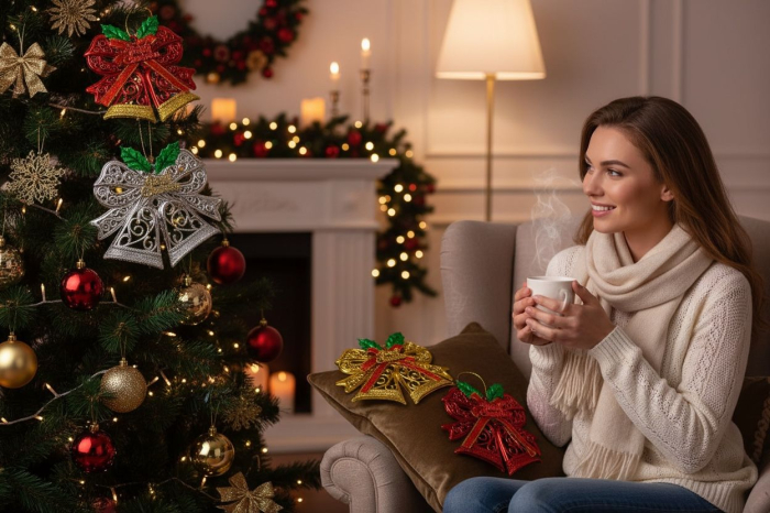 Set 12 ornamente clopotei Craciun, culori combinate, decor brad si sarbatori, 15x10cm per buc [3]