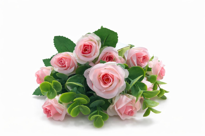 Buchet 11 trandafiri artificiali roz pal, frunze si eucalipt decorativ, 30cm [2]