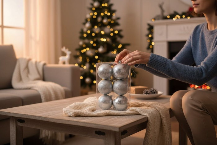 Set 6 globuri argintii texturate cu sclipici – ornamente elegante pentru bradul de Craciun, 23x15.5x7.5cm [3]