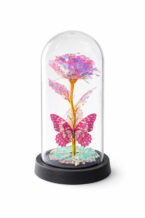 Cupola plastic cu trandafir roz LED si fluture, decor luminos elegant, 20 cm, cutie cadou inclusa [2]