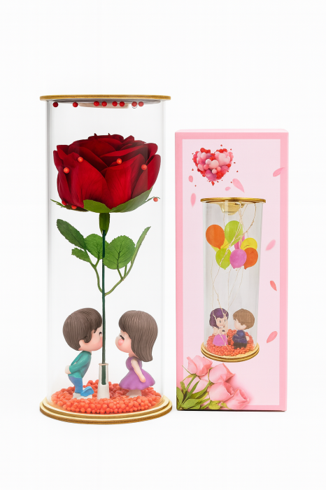 Cupola Sticla 20x8 cm cu Trandafir Artificial si Luminite LED, Decor Romantic [2]