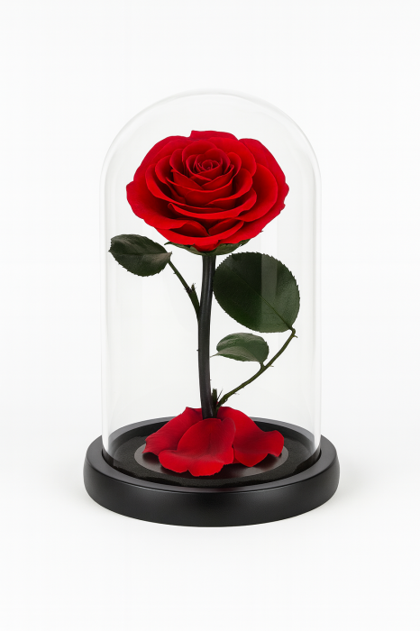 Trandafir Criogenat Rosu sub Cupola Sticla cu Suport Negru 18x12 cm Premium [2]