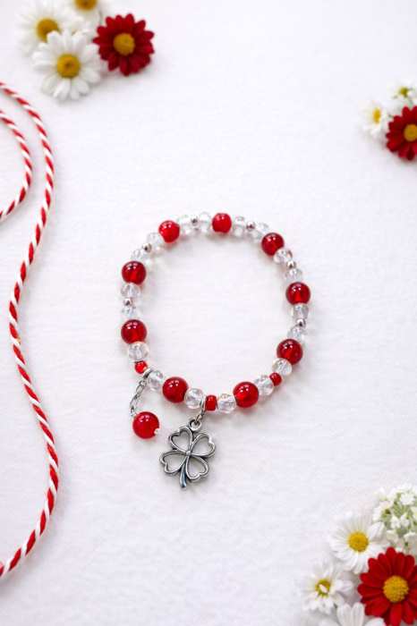 Set 12 bratari martisor elastice cu margele cristal alb rosu si simboluri metalice 23x16 cm [2]