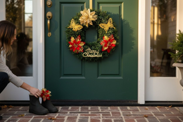 Corona Craciun Decorativa cu Flori si Fluturi Merry Christmas, 37cm [3]