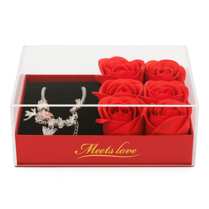 Set cadou cu 6 trandafiri din sapun si bratara, cutie eleganta cu capac transparent, 14x9x5 cm [1]
