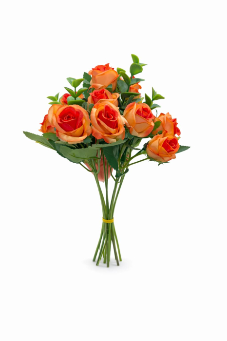 Buchet 11 trandafiri artificiali portocaliu, frunze si eucalipt decorativ, 30cm [2]