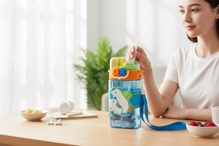 Sticla Apa Copii cu Bretea si Capac Dublu – Model Ursulet, Antiscurgere 600ML [3]