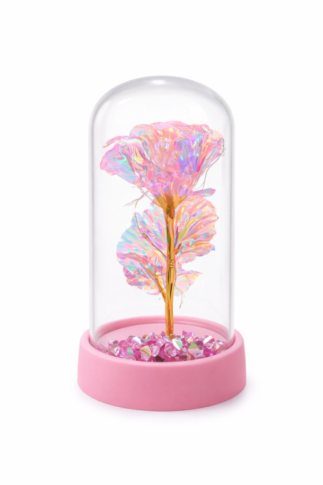 Cupola decorativa cu floare artificiala LED si pietricele ornamentale, 14.5 x 7 cm [2]