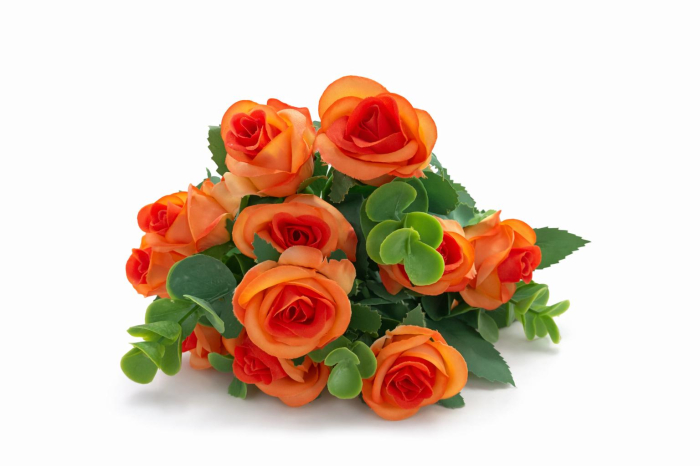 Buchet 11 trandafiri artificiali portocaliu, frunze si eucalipt decorativ, 30cm [3]