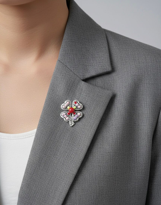 Set 12 brose martisor trifoi auriu cu margele colorate norocos 15x9cm [3]