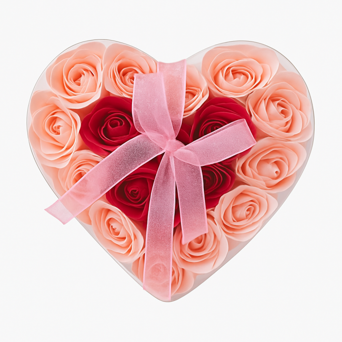 Cutie Inima cu 24 Trandafiri din Sapun Roz-Rosu, Cadou Romantic Premium 17x17 cm [1]