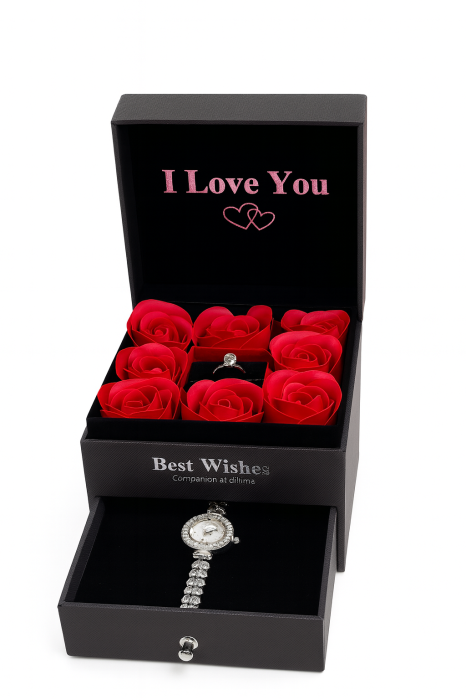 Set Cadou Luxury cu 8 Trandafiri din Sapun, Inel Reglabil si Ceas in Cutie cu Sertar [3]