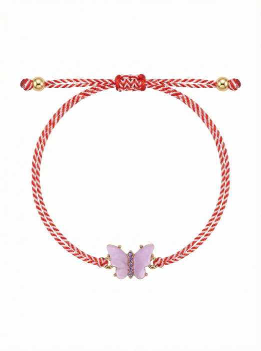 Set 12 Bratari Martisor Fluturas Mov, Snur Alb-Rosu Reglabil, 20x11 cm [2]