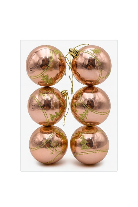 Set 6 Globuri Rose Gold 8 cm cu Braduti Aurii, Ornamente Craciun [1]