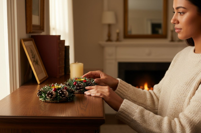 Set 2 suporturi lumanari Craciun cu conuri de brad si decor verde, 20x11cm [3]