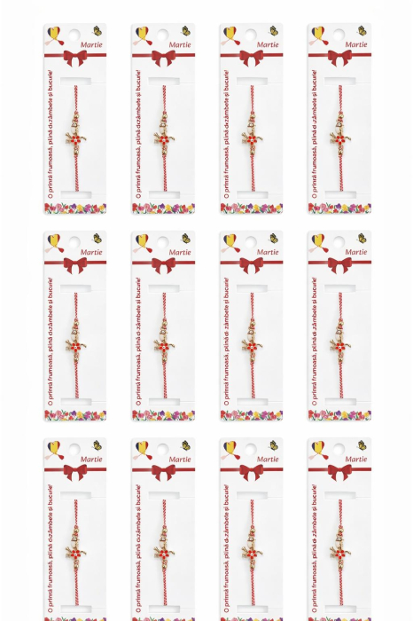 Set 12 bratari martisor cu pasare stilizata si floare, snur rosu alb, ambalate individual [5]