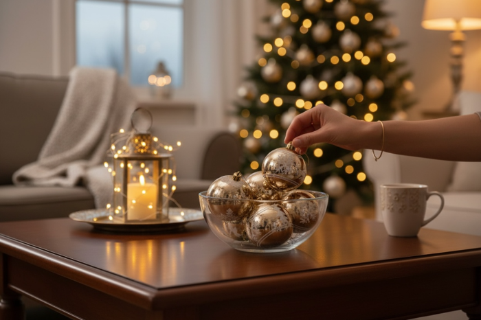 Set 6 Globuri Aurii 8 cm cu Fulgi si Braduti, Ornamente Brad Craciun [2]