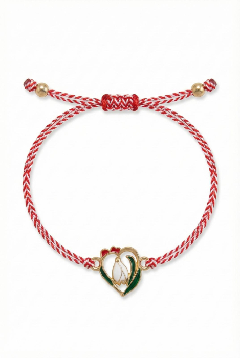 Set 12 Bratari Martisor cu Inimioara Aurie si Ghiocel, Snur Rosu Reglabil, 20x11 cm [2]