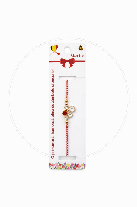 Set 12 bratari martisor cu floare alba si buburuza, snur rosu alb, ambalate individual [4]