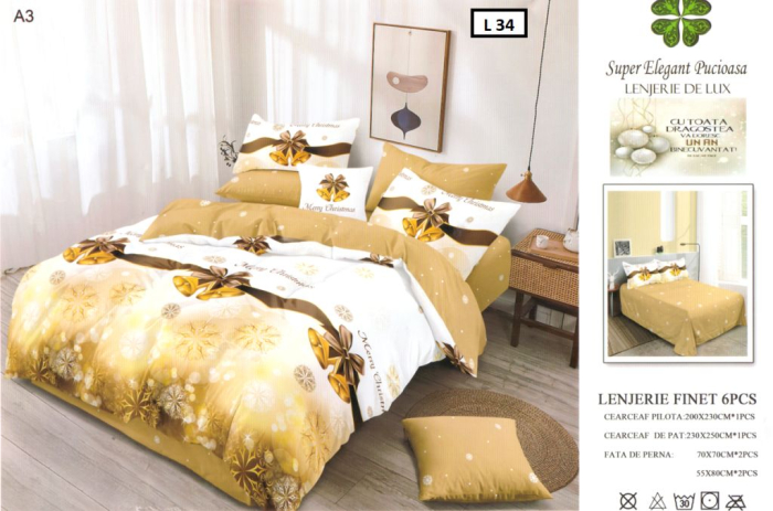 Lenjerie Pat Finet 6 Piese – Model Craciun Auriu cu Fundite & Fulgi, 200x230 cm [2]