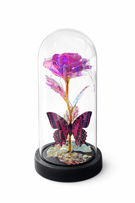 Cupola plastic cu trandafir roz si fluture decorativ LED, cutie cadou inclusa, 20 cm inaltime, 11 cm diametru [2]