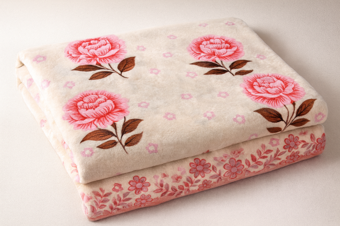 Patura Cocolino 200x230 crem cu flori roz portocaliu, pufoasa pentru pat dublu [2]