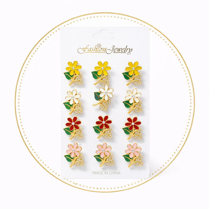 Set 12 brose martisor floare auriu cu frunze verzi si strasuri, culori asortate 15x9cm [2]