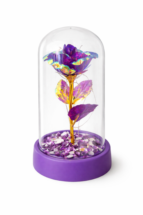 Cupola plastic cu trandafir irizant LED mov, baza mov, 15x9 cm [2]