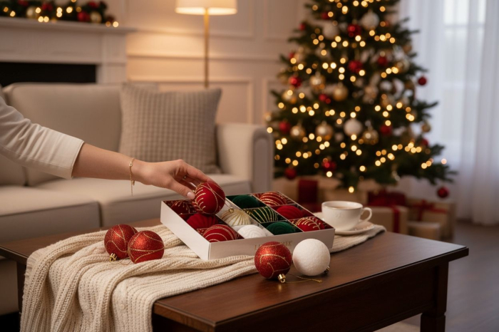 Set 12 Globuri Craciun Catifea Fina Rosu Verde Alb , Model Mix, 24x18x6cm [2]