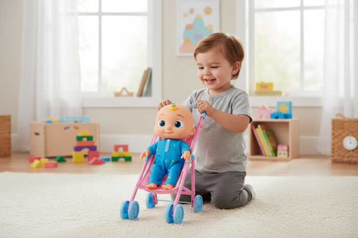 Set Jucarie CoComelon – Papusa JJ in Pijamale Albastre cu Carucior si Olita, 38x23 cm, 3+ [3]