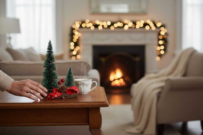 Decoratiune Craciun cu brazi miniaturi pe suport lemn si lumini LED, 22x14cm [2]