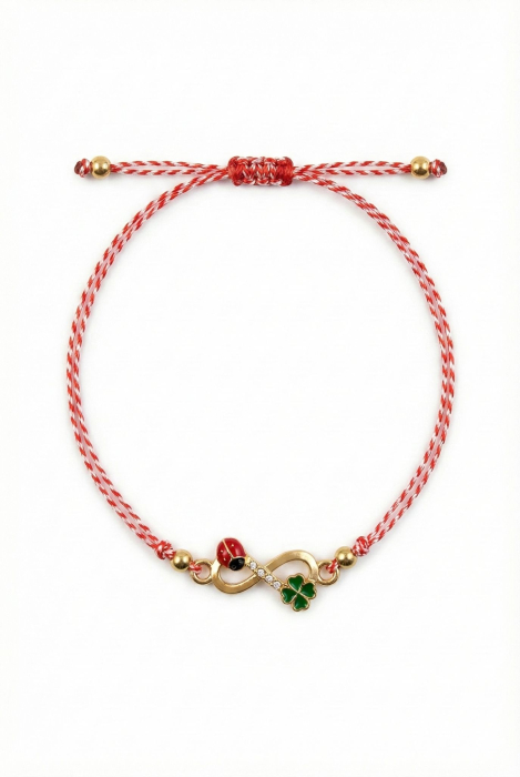 Set 12 bratari martisor cu simbol infinit, trifoi si buburuza, snur rosu alb [2]