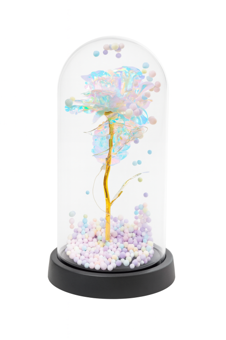Cupola decorativa cu trandafir acrilic irizat, bile pastel si lumini LED, 22x11 cm [2]