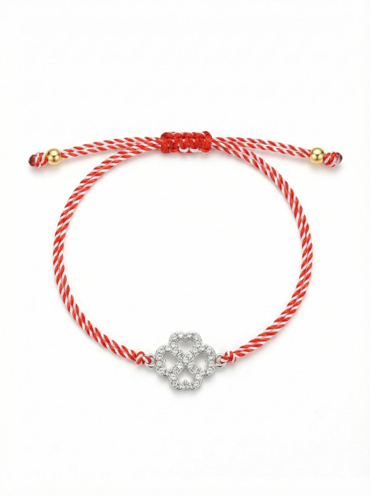 Set 12 Bratari Martisor cu Trifoi Argintiu cu Strasuri, Snur Rosu Reglabil, 20x11 cm [2]