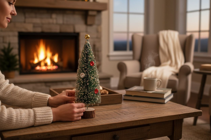 Brad decorativ mini cu lumini, globuri si baza din lemn – model cu sclipici, 32cm [3]