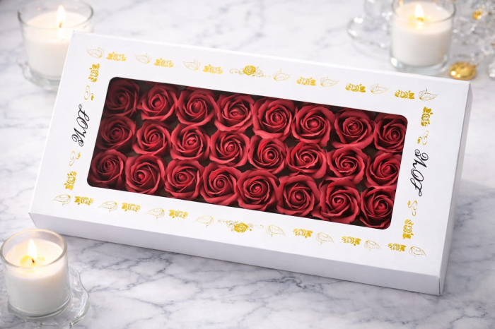 Set 50 Trandafiri de Sapun Parfumati in Cutie Eleganta Cadou 44x23 cm Bordo [2]