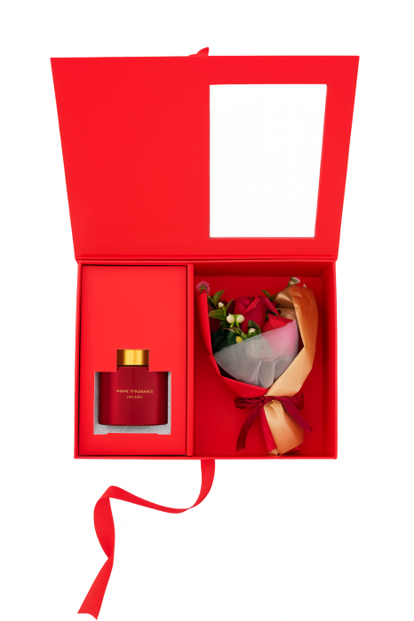 Set cadou premium rosu 25x19x9.5 cm cu flori decorative si difuzor parfum, cutie eleganta + punga [3]