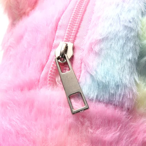 Rucsac Pufos Copii Pastel Curcubeu, Model Ursulet, 32 cm, Material Moale si Urechile 3D [2]