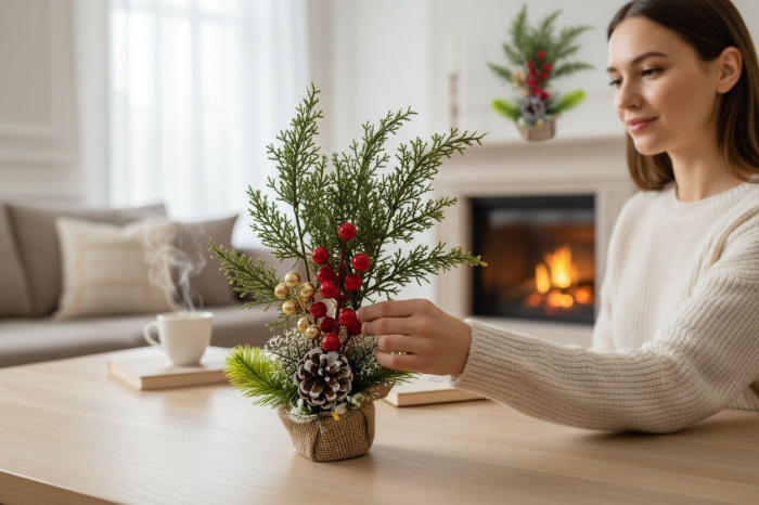 Aranjament decorativ de Craciun cu con, fructe rosii si baza tip sac, 33cm [2]