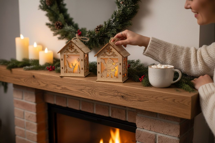 Casuta decor lemn Craciun cu lumini LED, model ren / Mos Craciun / om de zapada, 8x5.5x5cm [3]