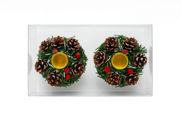 Set 2 suporturi lumanari Craciun cu conuri de brad si decor verde, 20x11cm [1]