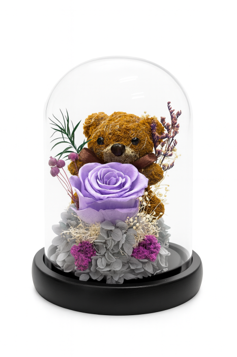 Cupola 19x11 cm cu Ursulet si Trandafir Criogenat Mov Decor Cadou Premium [2]