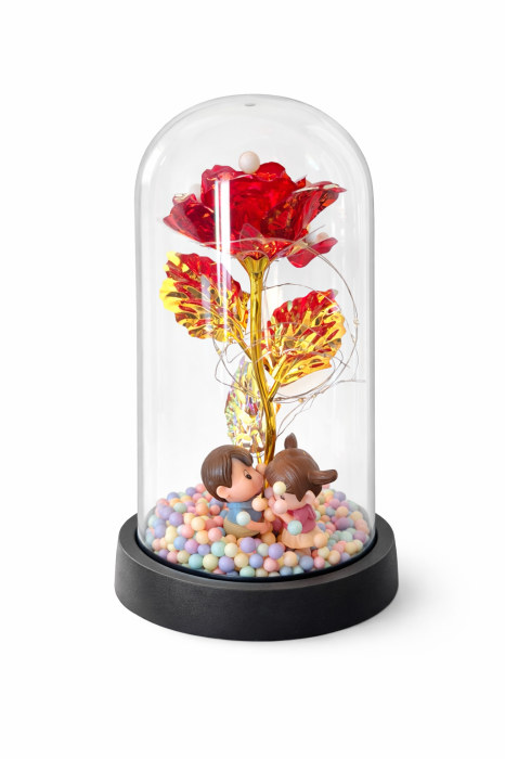 Cupola plastic cu trandafir rosu LED si 2 indragostiti, 20 cm, cutie cadou [2]