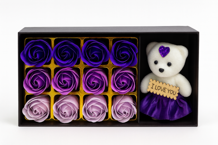Set Cadou Ursulet I Love You cu 12 Trandafiri din Sapun Mov, Cutie Premium, 22X11X5CM [1]