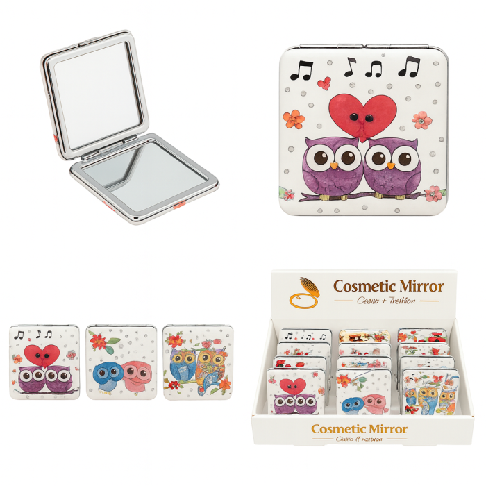 Set 12 oglinzi cosmetice 2 in 1 – modele cu bufnite si flori, design fashion [1]