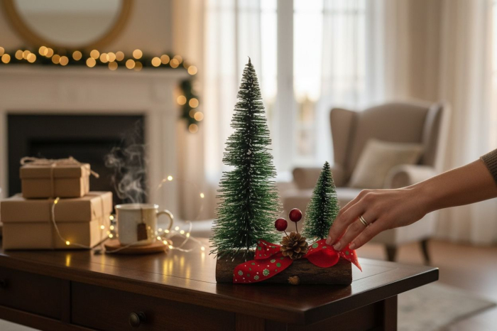 Decoratiune Craciun cu brazi miniaturi pe suport lemn si lumini LED, 22x14cm [3]