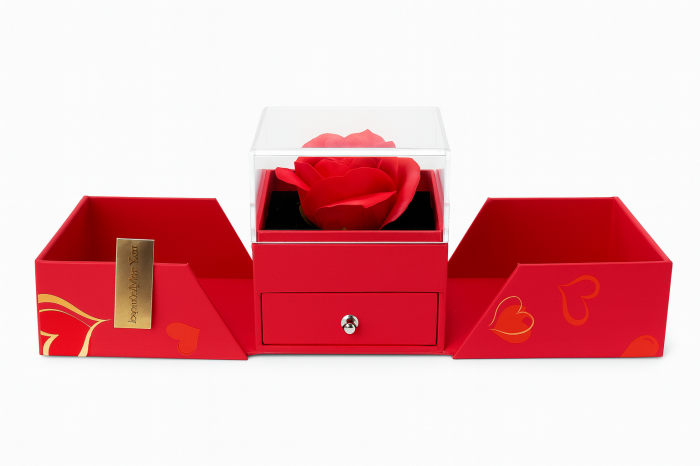 Cutie cadou rosie cu trandafir de sapun in cub transparent si sertare, model premium, 11x9.5x9.5 cm [2]