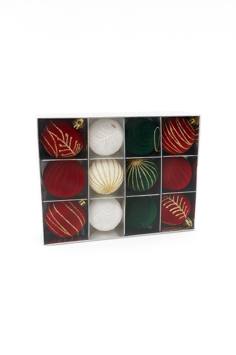 Set 12 Globuri Craciun Catifea Fina Rosu Verde Alb , Model Mix, 24x18x6cm [1]