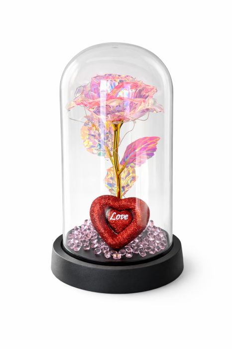 Cupola plastic cu trandafir irizat roz si inima Love LED, decor luminos, 20 cm, cutie cadou [2]