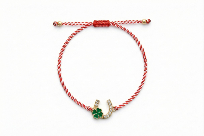 Set 12 bratari martisor cu potcoava si trifoi verde, snur reglabil rosu-alb [2]